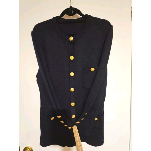 Cardigan Sweater Merino Wool Women Large Dark Navy Blue Quiet Luxury Elegant - Picture 3 of 12